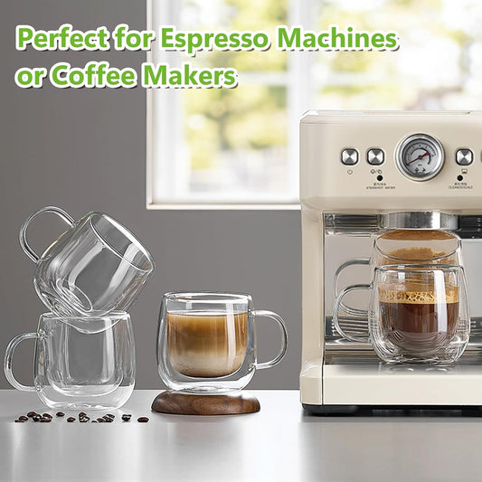 4 Pack Double Walled Glass Coffee Mugs, 16 oz Large Insulated Clear Coffee Cups with Handle, Cappuccino Mug for Espresso, Latte, Americano, Tea Bag, Beverage, Heat & Cold Resistant