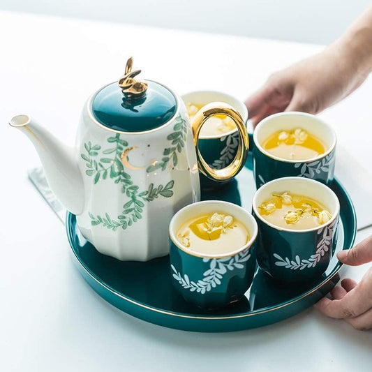 Tea Set Tea Cups Teapot Set 6-Piece Tea Set Ceramic Coffee Tea Sets Green Cup Pot Tray Water Decoration Household Kitchen Supplies Teacup Set Tea Cup Set Tea Pot Set Coff,Green-6pcs