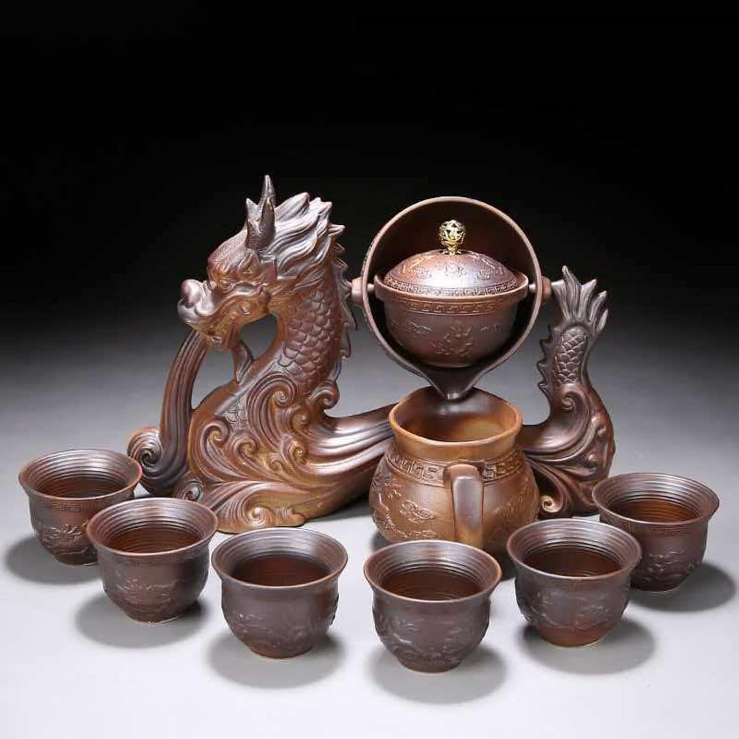 Celadon Dragon Ceramic Gongfu Tea Set with 6 Tea Cups, Chinese Kung Fu Teapot with Infuser,Handmade Porcelain Tea Service, Asian Tea Set for Home & Office