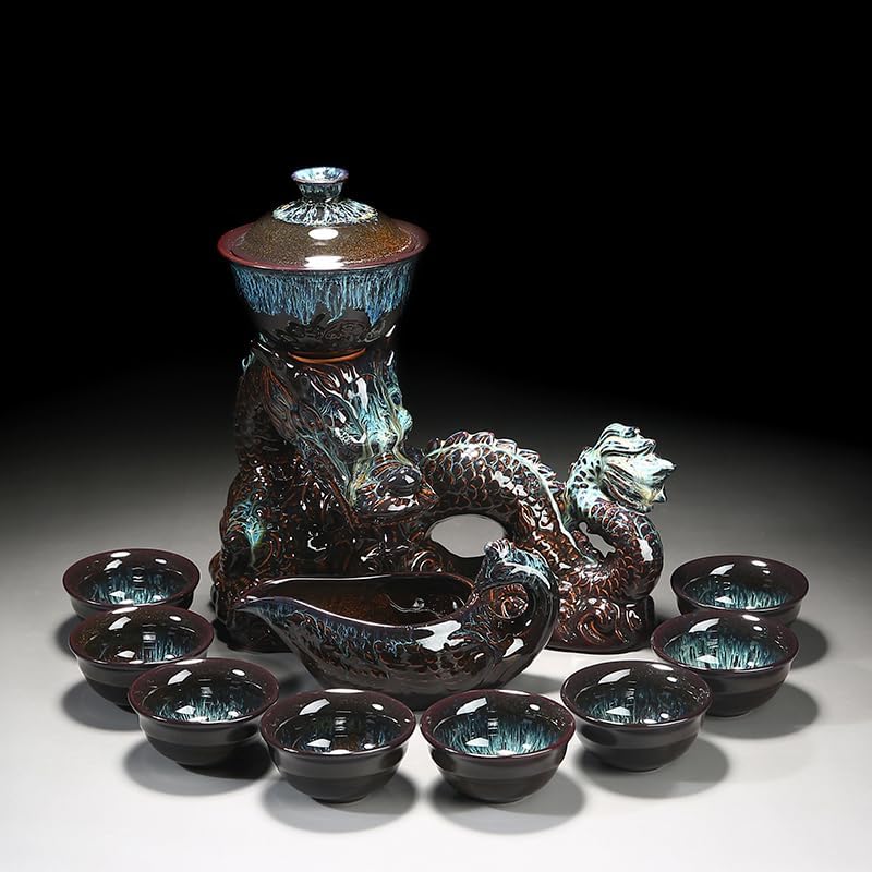 Celadon Dragon Ceramic Gongfu Tea Set with 6 Tea Cups, Chinese Kung Fu Teapot with Infuser,Handmade Porcelain Tea Service, Asian Tea Set for Home & Office