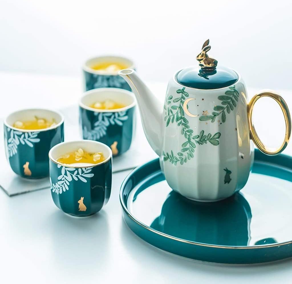 Tea Set Tea Cups Teapot Set 6-Piece Tea Set Ceramic Coffee Tea Sets Green Cup Pot Tray Water Decoration Household Kitchen Supplies Teacup Set Tea Cup Set Tea Pot Set Coff,Green-6pcs
