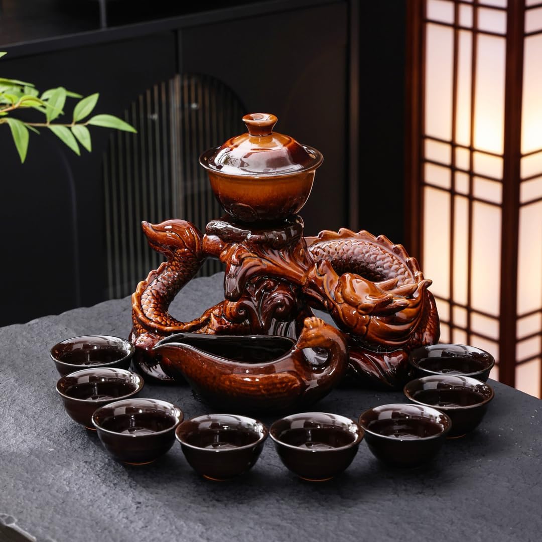 Celadon Dragon Ceramic Gongfu Tea Set with 6 Tea Cups, Chinese Kung Fu Teapot with Infuser,Handmade Porcelain Tea Service, Asian Tea Set for Home & Office