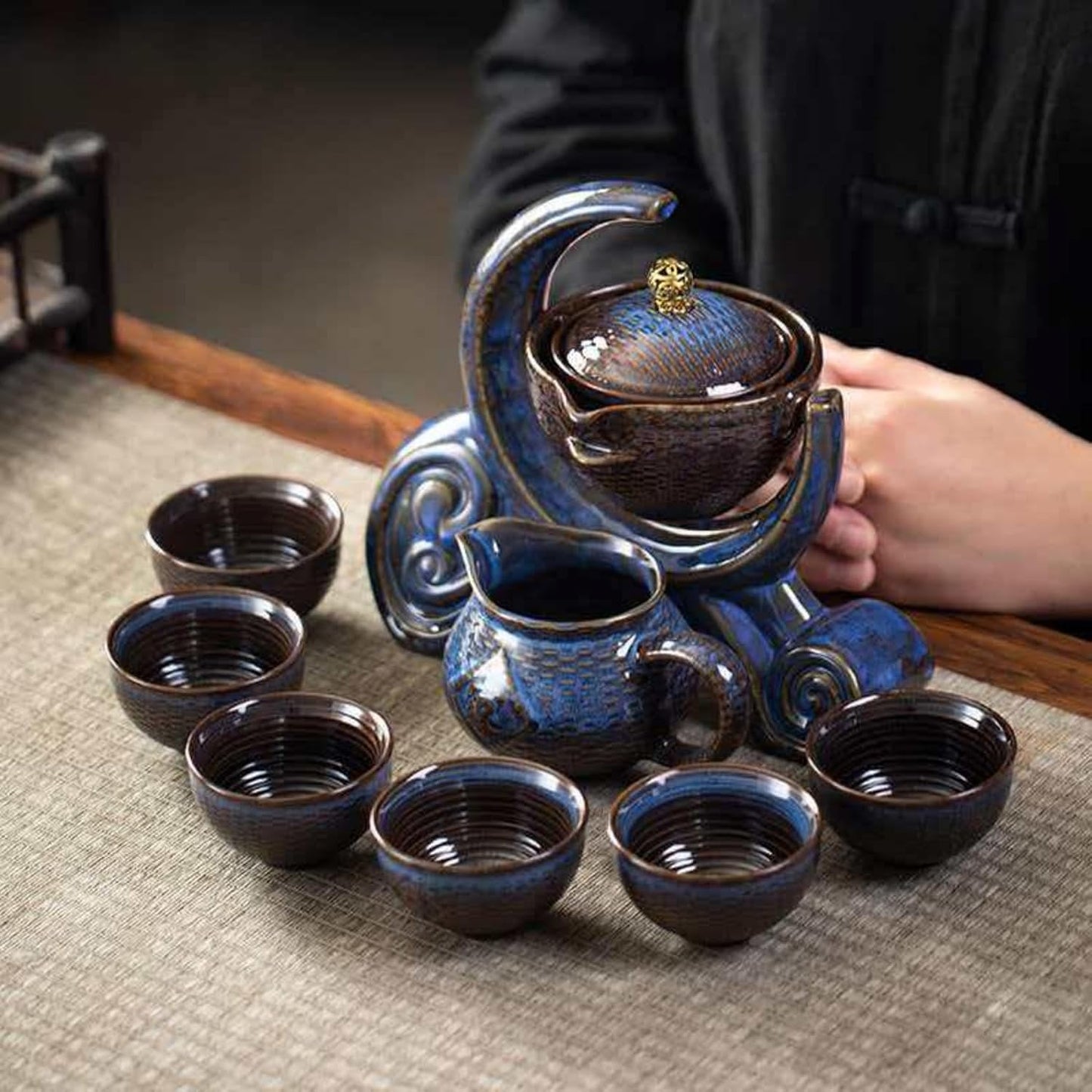 Celadon Dragon Ceramic Gongfu Tea Set with 6 Tea Cups, Chinese Kung Fu Teapot with Infuser,Handmade Porcelain Tea Service, Asian Tea Set for Home & Office