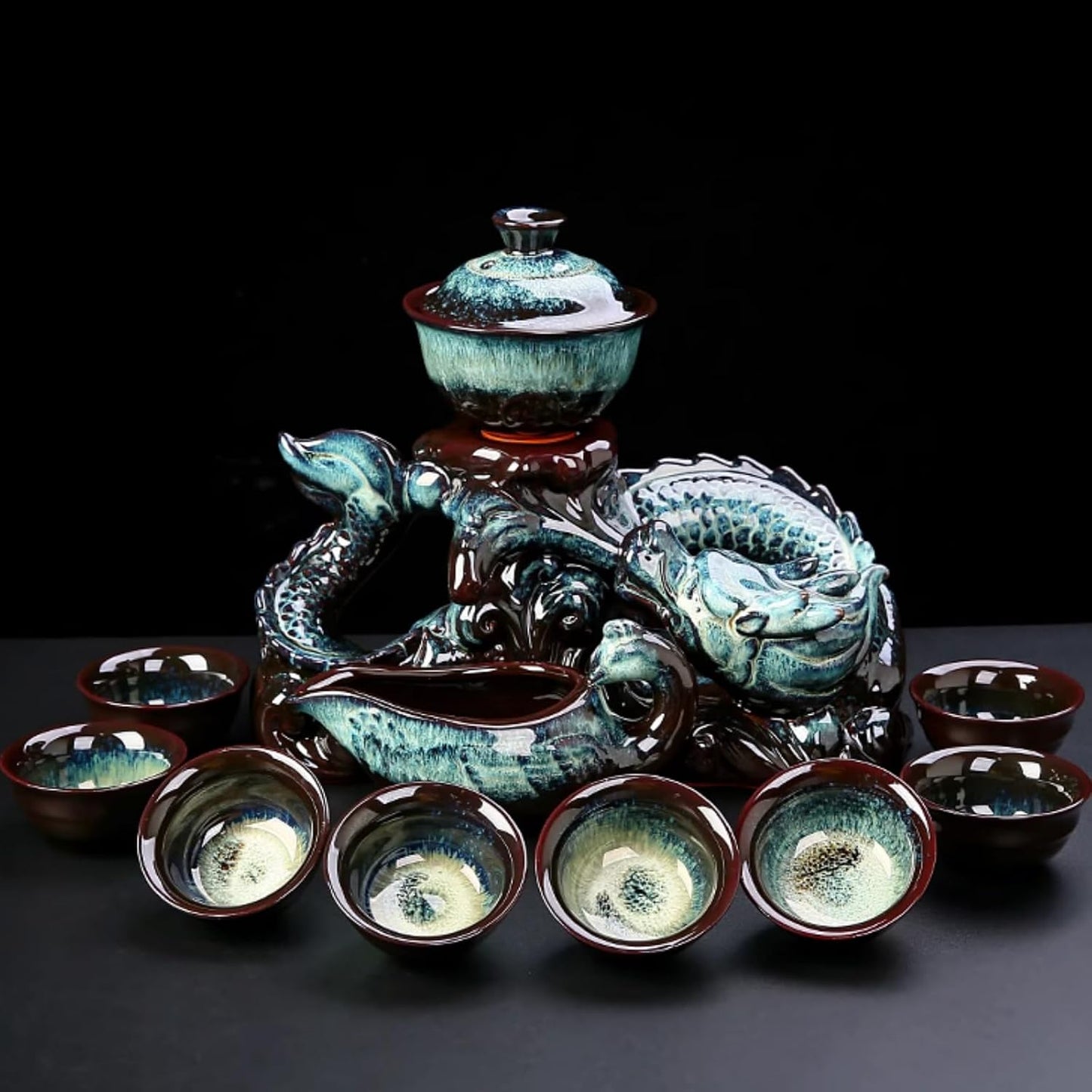 Celadon Dragon Ceramic Gongfu Tea Set with 6 Tea Cups, Chinese Kung Fu Teapot with Infuser,Handmade Porcelain Tea Service, Asian Tea Set for Home & Office