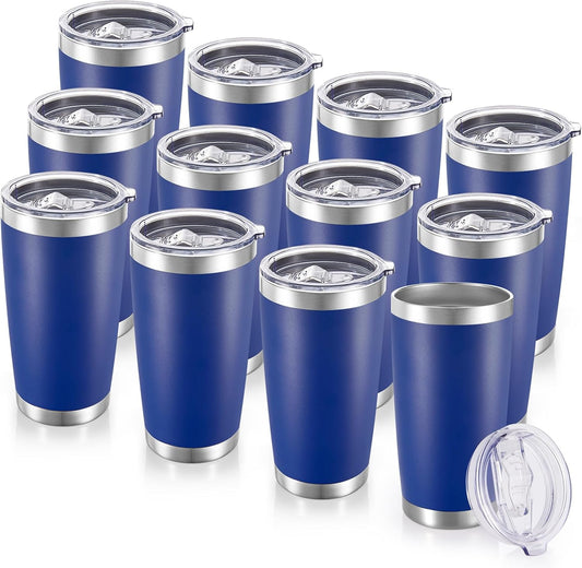 20  Tumblers Bulk Stainless Steel Tumbler with Lid Double Wall Vacuum Insulated Coffee Mug 20oz Powder Coated Cup for Hot and Cold Drinks, Black, 12 pack