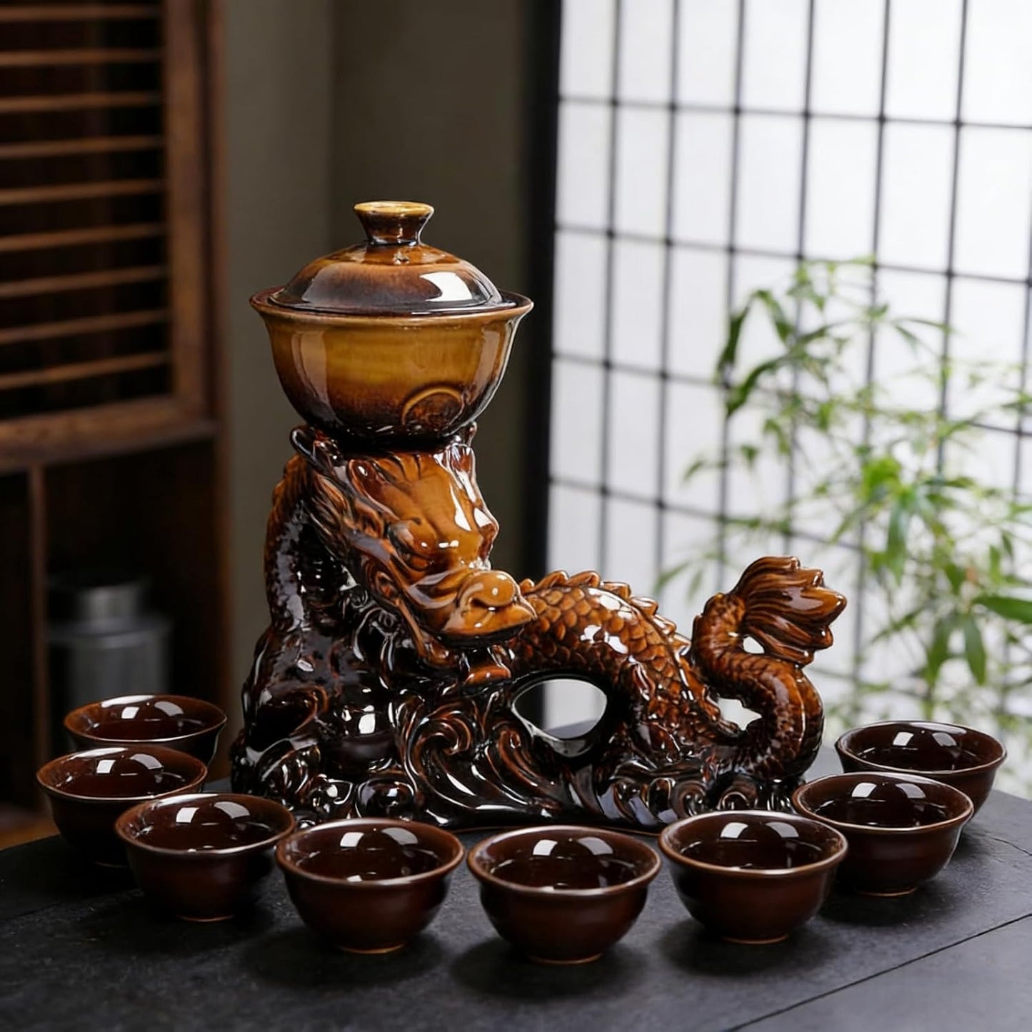 Celadon Dragon Ceramic Gongfu Tea Set with 6 Tea Cups, Chinese Kung Fu Teapot with Infuser,Handmade Porcelain Tea Service, Asian Tea Set for Home & Office