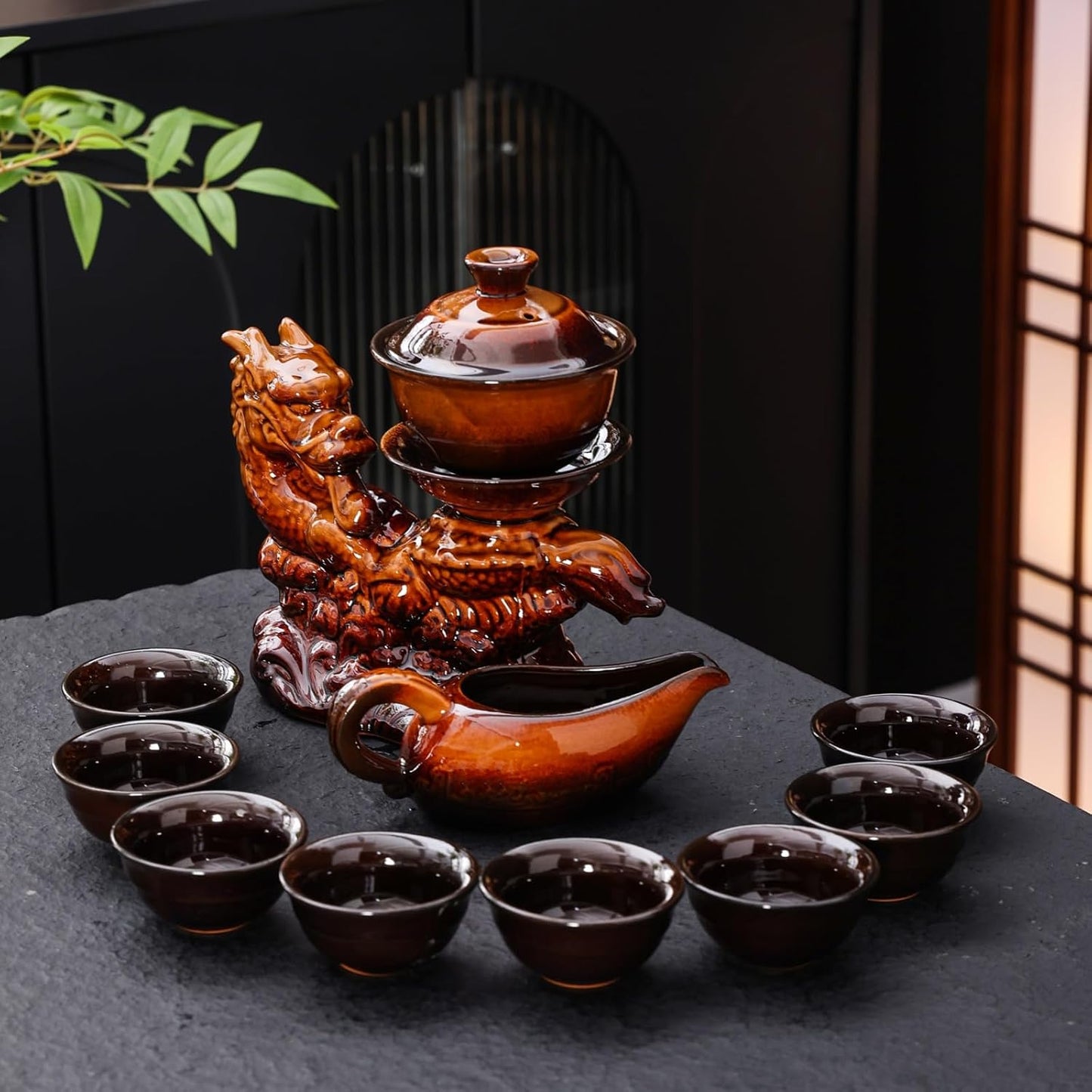 Celadon Dragon Ceramic Gongfu Tea Set with 6 Tea Cups, Chinese Kung Fu Teapot with Infuser,Handmade Porcelain Tea Service, Asian Tea Set for Home & Office