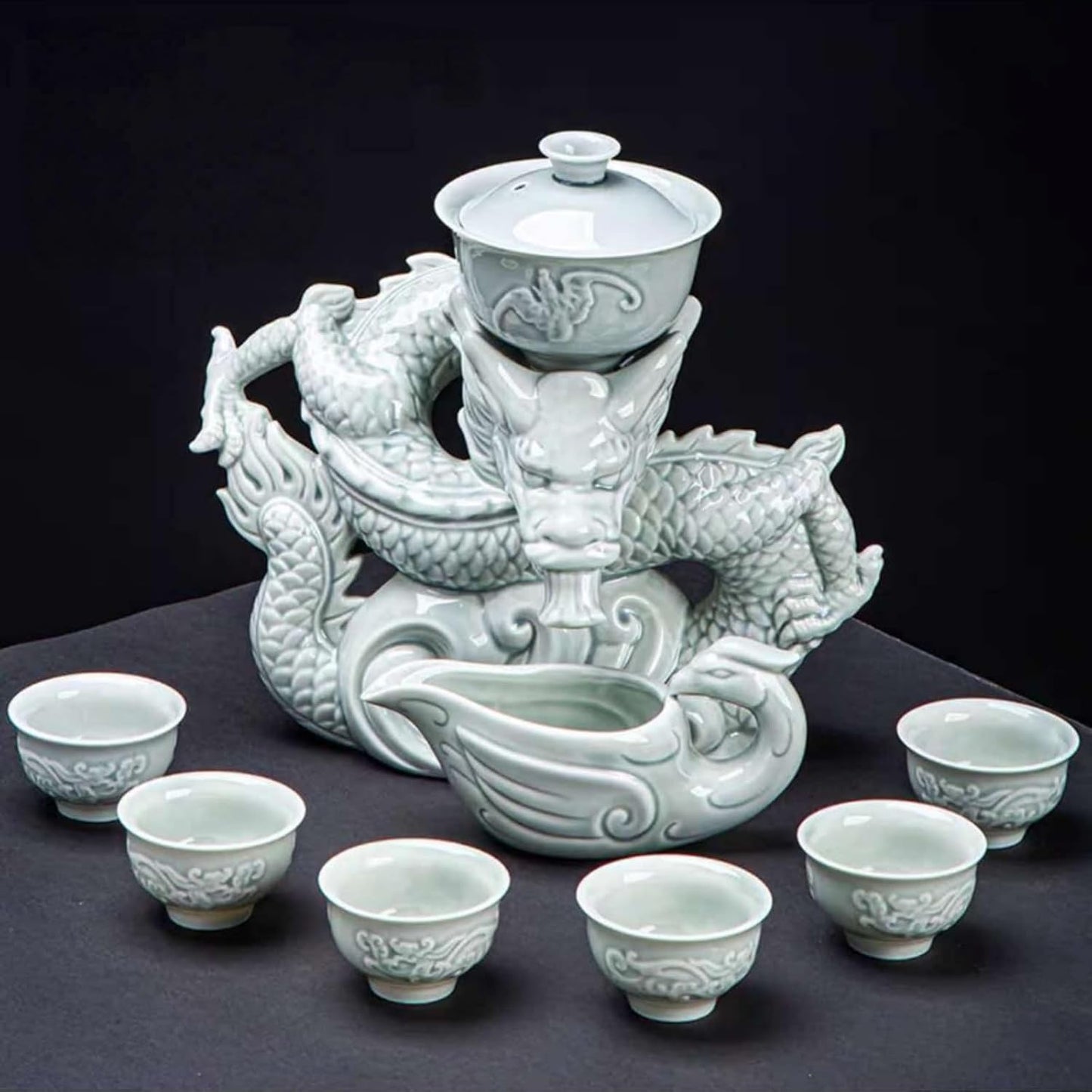 Celadon Dragon Ceramic Gongfu Tea Set with 6 Tea Cups, Chinese Kung Fu Teapot with Infuser,Handmade Porcelain Tea Service, Asian Tea Set for Home & Office