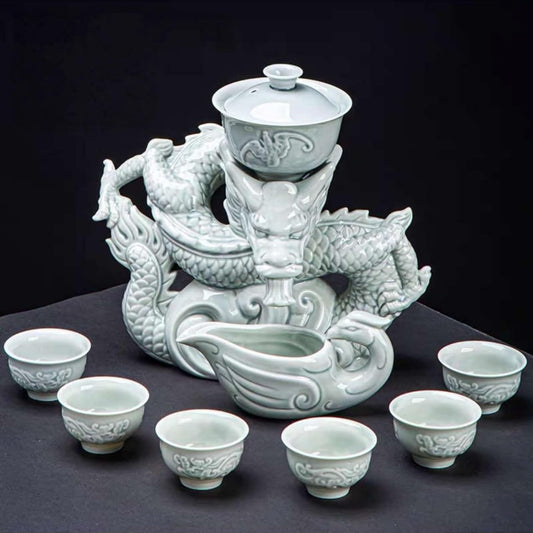 Celadon Dragon Ceramic Gongfu Tea Set with 6 Tea Cups, Chinese Kung Fu Teapot with Infuser,Handmade Porcelain Tea Service, Asian Tea Set for Home & Office
