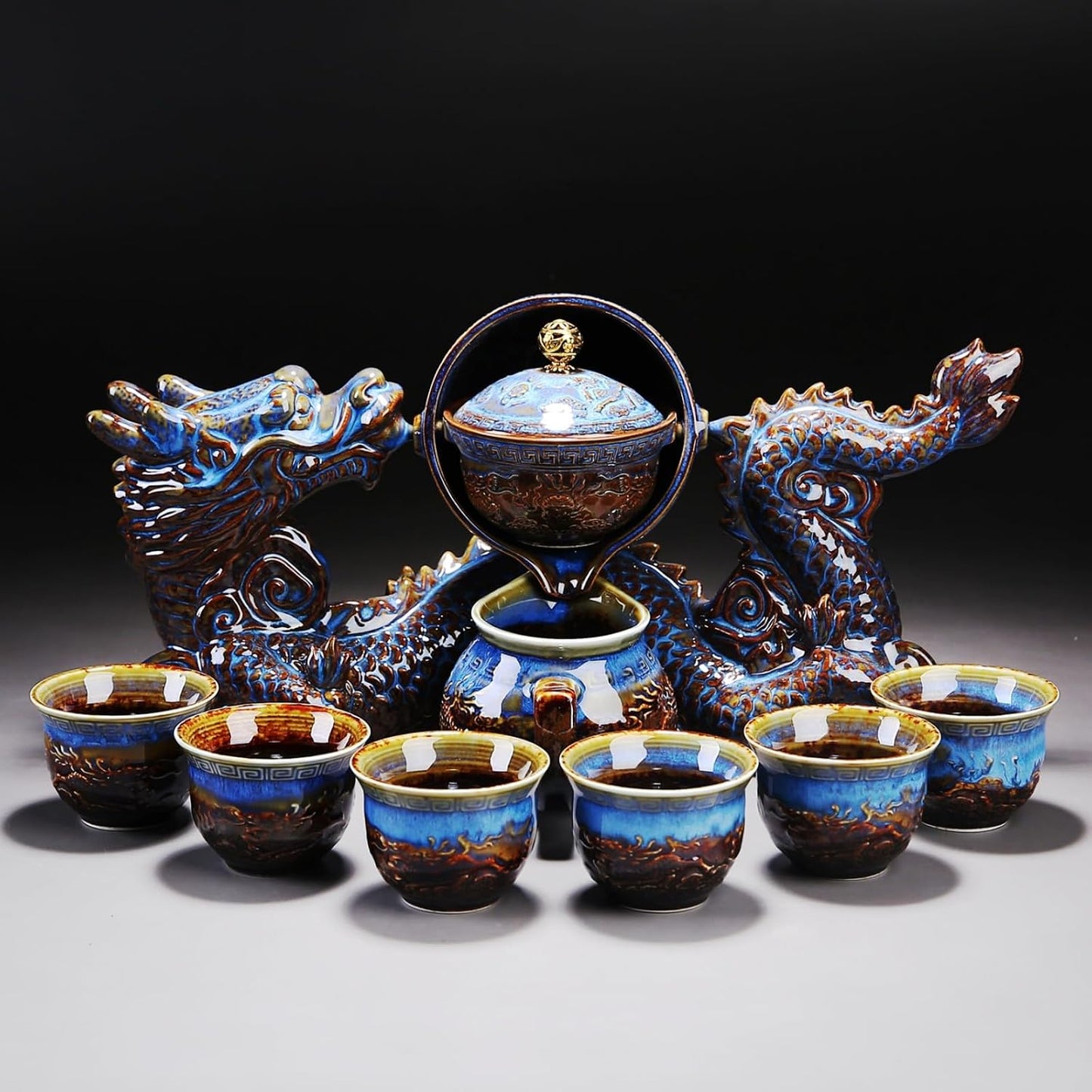 Celadon Dragon Ceramic Gongfu Tea Set with 6 Tea Cups, Chinese Kung Fu Teapot with Infuser,Handmade Porcelain Tea Service, Asian Tea Set for Home & Office