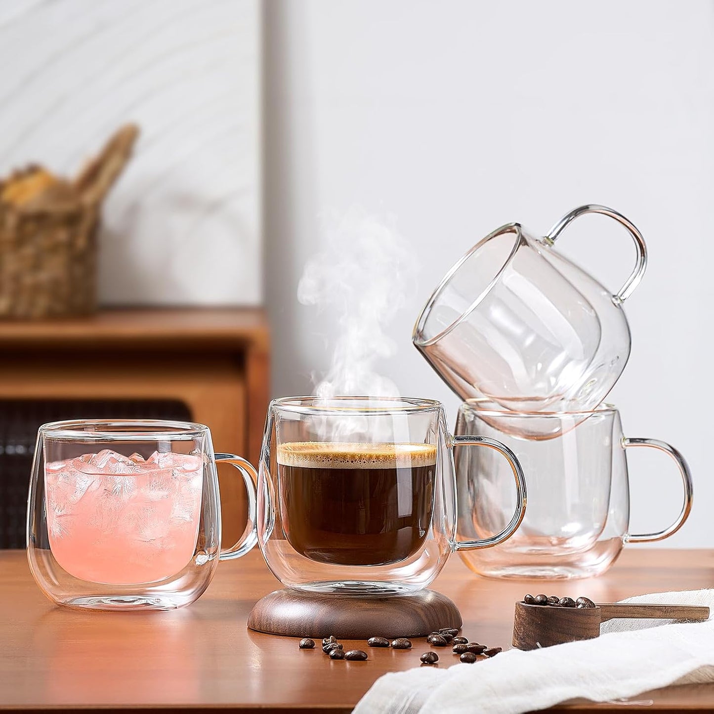 4 Pack Double Walled Glass Coffee Mugs, 16 oz Large Insulated Clear Coffee Cups with Handle, Cappuccino Mug for Espresso, Latte, Americano, Tea Bag, Beverage, Heat & Cold Resistant