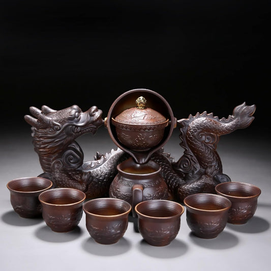 Celadon Dragon Ceramic Gongfu Tea Set with 6 Tea Cups, Chinese Kung Fu Teapot with Infuser,Handmade Porcelain Tea Service, Asian Tea Set for Home & Office