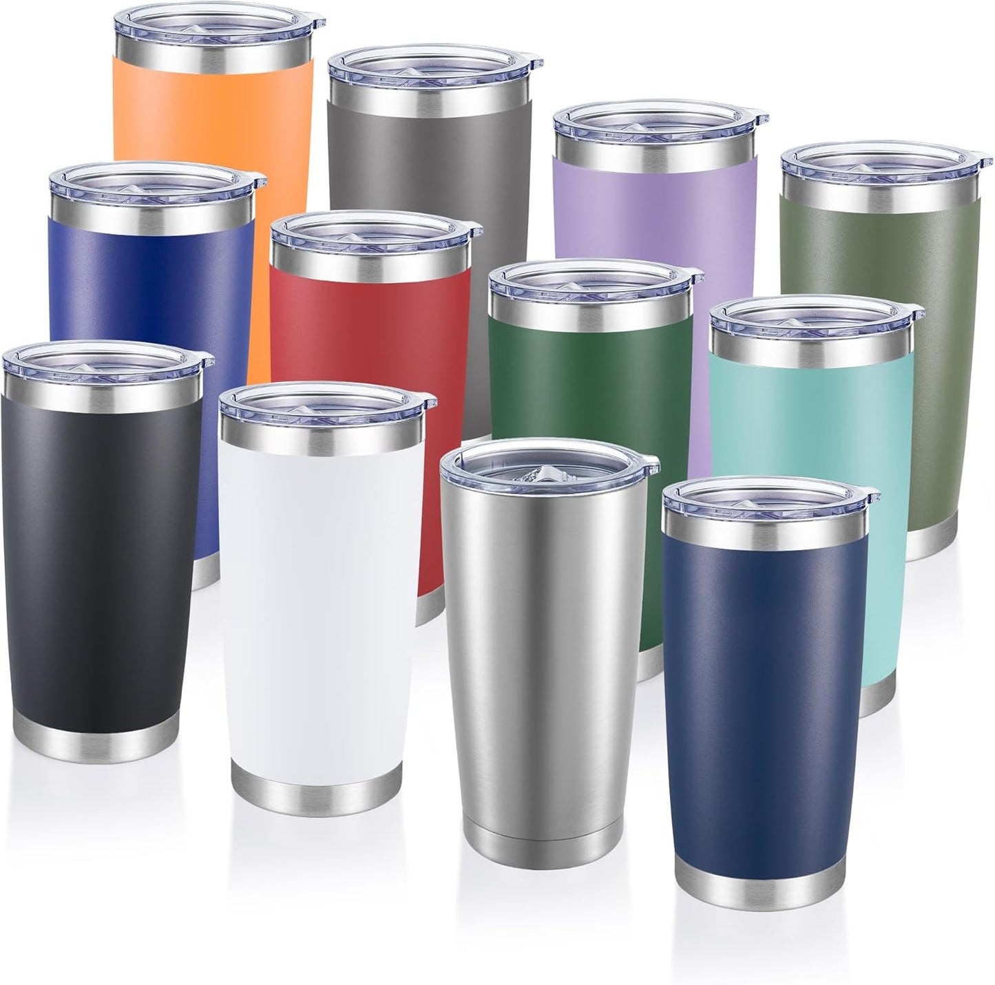 20  Tumblers Bulk Stainless Steel Tumbler with Lid Double Wall Vacuum Insulated Coffee Mug 20oz Powder Coated Cup for Hot and Cold Drinks, Black, 12 pack