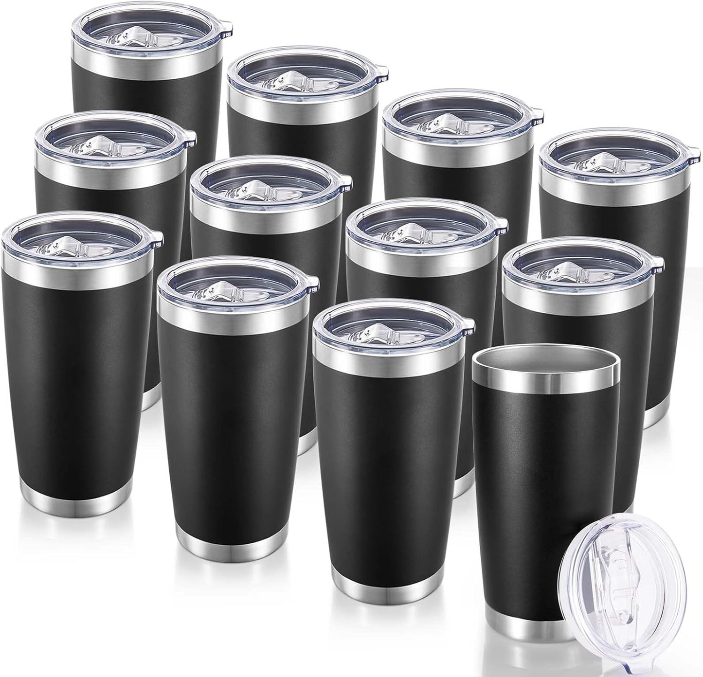 20  Tumblers Bulk Stainless Steel Tumbler with Lid Double Wall Vacuum Insulated Coffee Mug 20oz Powder Coated Cup for Hot and Cold Drinks, Black, 12 pack