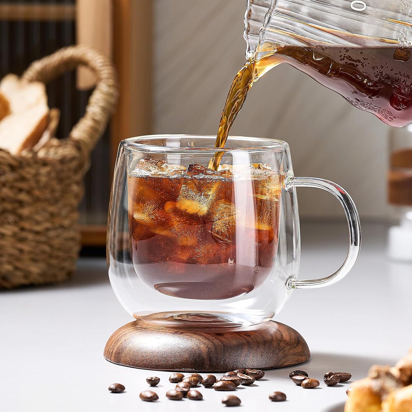4 Pack Double Walled Glass Coffee Mugs, 16 oz Large Insulated Clear Coffee Cups with Handle, Cappuccino Mug for Espresso, Latte, Americano, Tea Bag, Beverage, Heat & Cold Resistant
