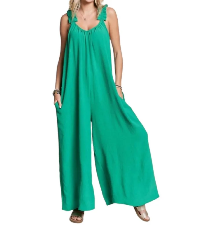 Elastic Ruffle Shoulder Jumpsuit In Kelly Green