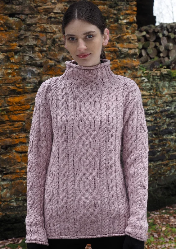 Super Soft Funnel Neck Aran Sweater | Pink