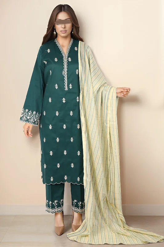 Solid Embroidered Cotton Stitched 3 Piece