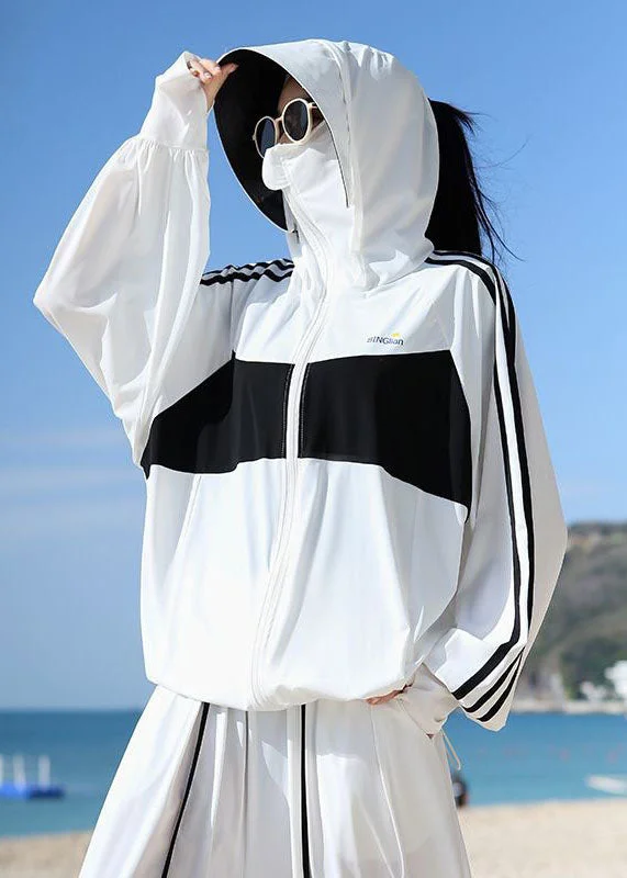 Beautiful White Hooded Zippered Patchwork Ice Silk UPF 50+ Jackets Summer