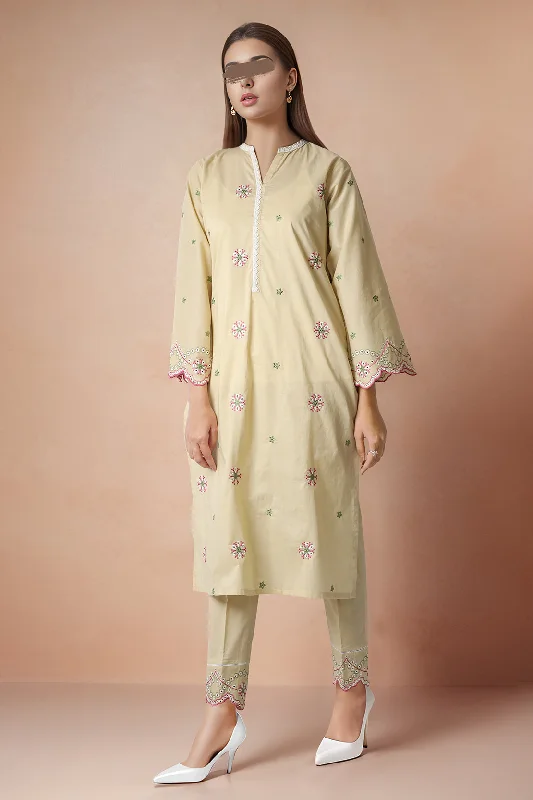 Solid Embroidered Cotton Stitched 2 Piece (Shirt/Trouser)