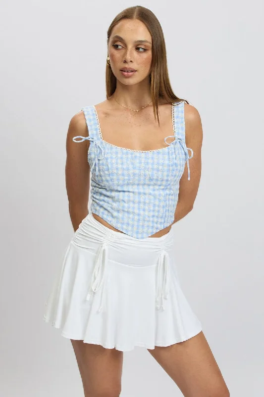 Blue Check Crop Top Sleeveless Corset Broderie