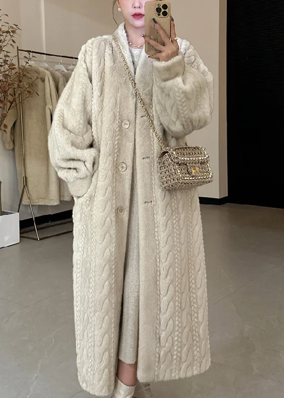 Casual Beige V Neck Button Mink Hair Leather And Fur Long Coats Winter