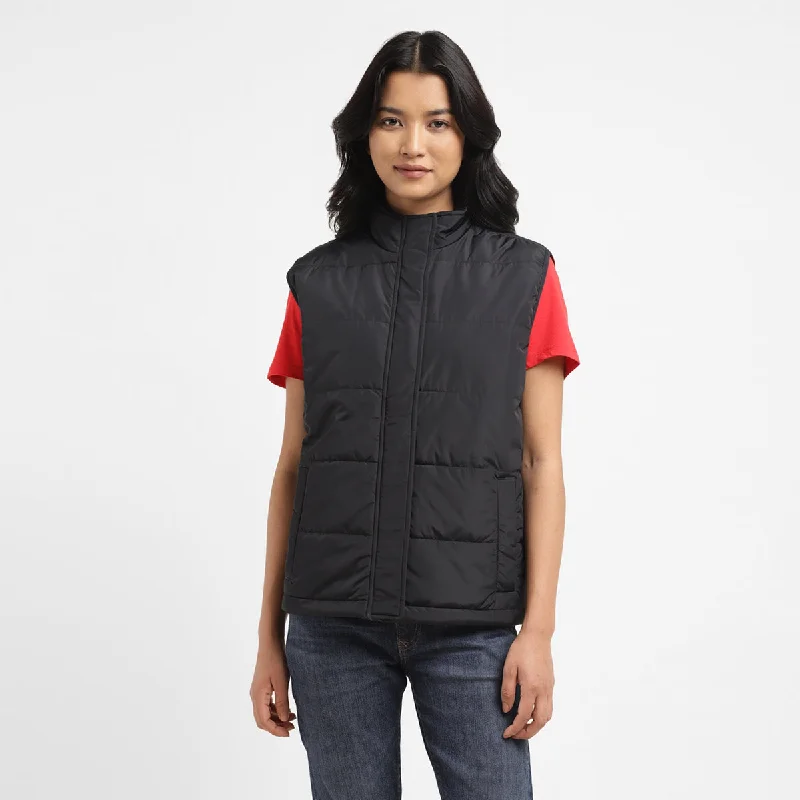 Women's Solid Black High Neck Padded Jacket