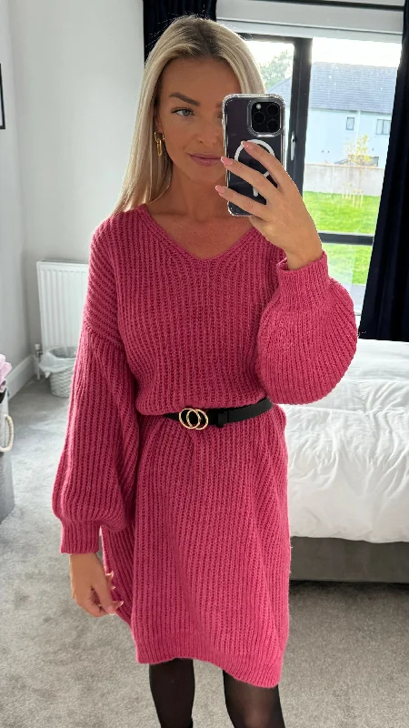 Abrianna Fuchsia V Neck Jumper Dress