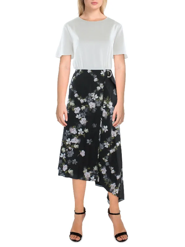 Womens Floral Belted Midi Dress