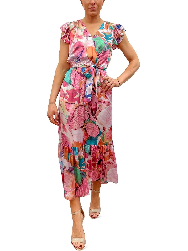 Womens Floral Faux Wrap Midi Dress