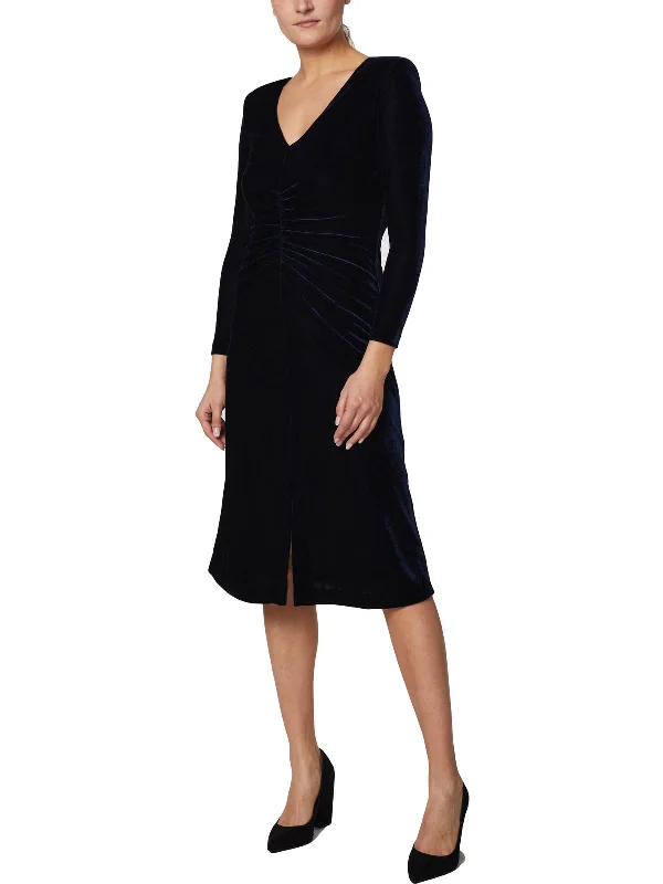 Womens Velvet Ruched Midi Dress