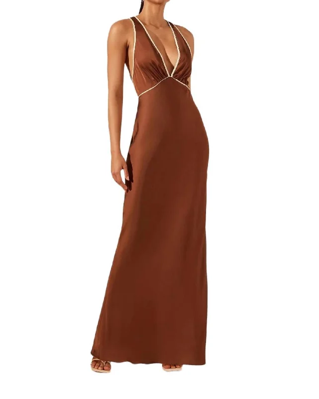 Belkis Contrast Plunged Cross Back Maxi Dress In Chocolate/ivory