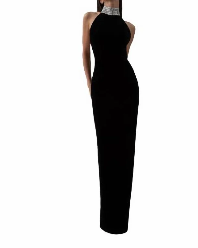 Crystal Embellished Halter Neck Maxi Dress In Black