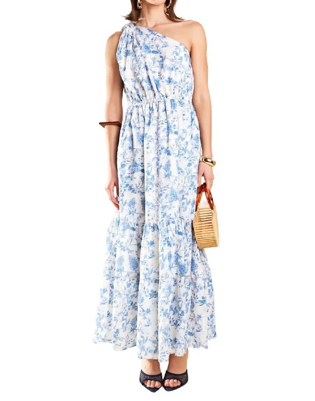 Floral One Shoulder Maxi Dress In Blue