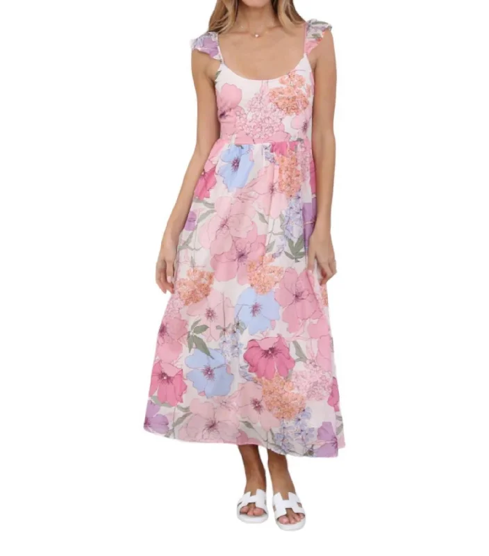 Flutter Cap Sleeve Maxi Dress In Pink Floral