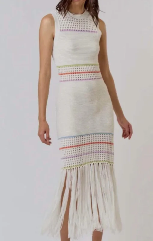 Fringe Knit Maxi Dress In White Multi