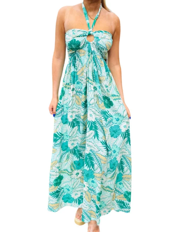 Hawaiian Halter Tie Back Maxi Dress In Lt Blue/green