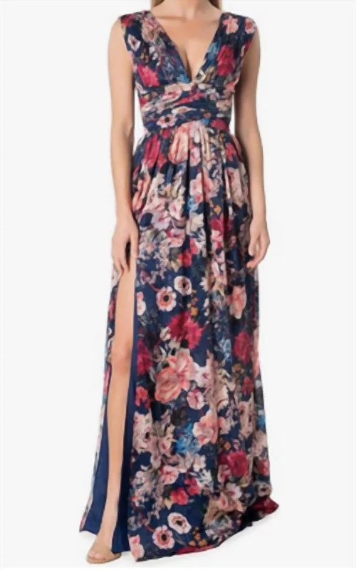 Jaclyn Fit And Flare Maxi Dress In Multi/navy