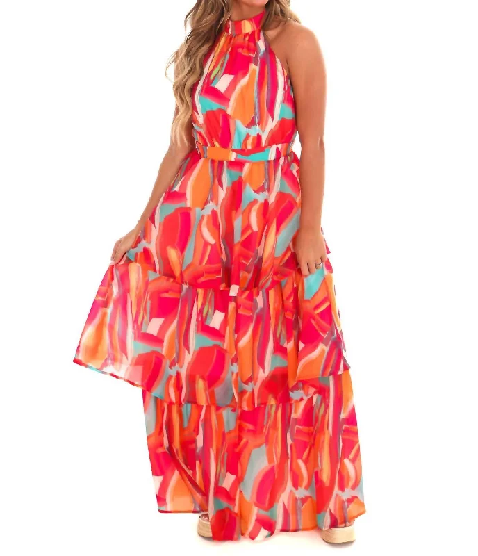 Love And Laughter Halter Maxi Dress In Fuchsia Orange