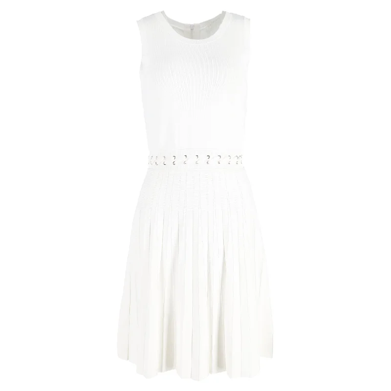 Michael Michael Kors Whipstitched Pleated Knitted Mini Dress in White Viscose