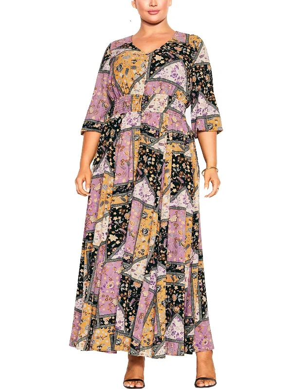 Plus Womens V Neck Patchwork Maxi Dress