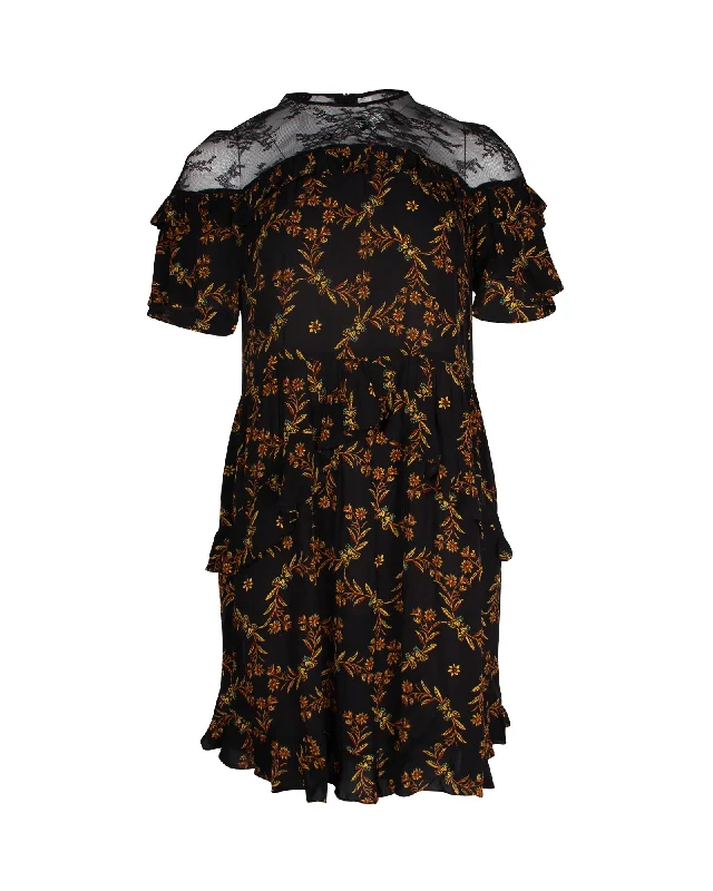 Sandro Alderic Ruffled Floral-Print Mini Dress in Black Viscose