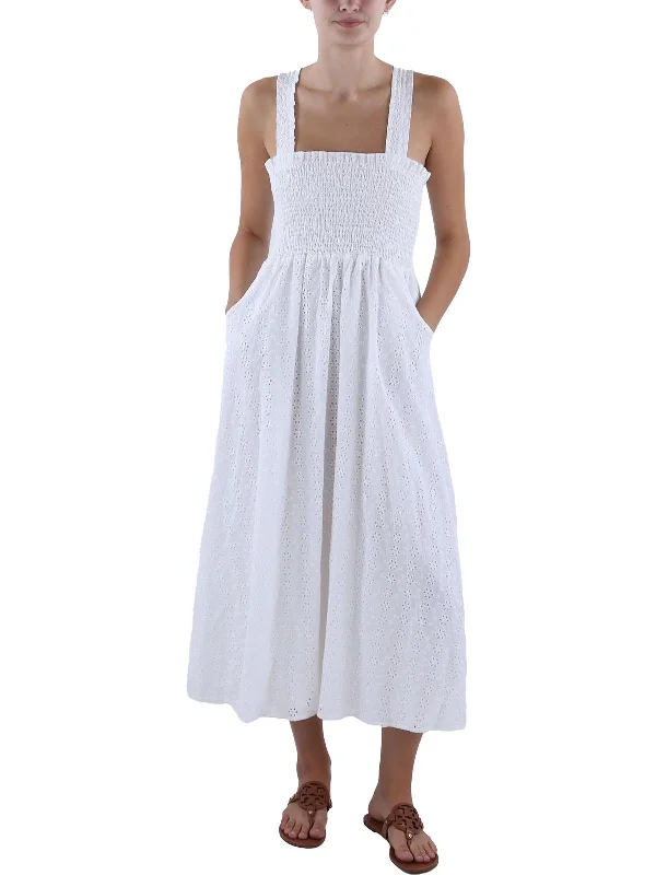 Womens Eyelet Smocked Maxi Dress