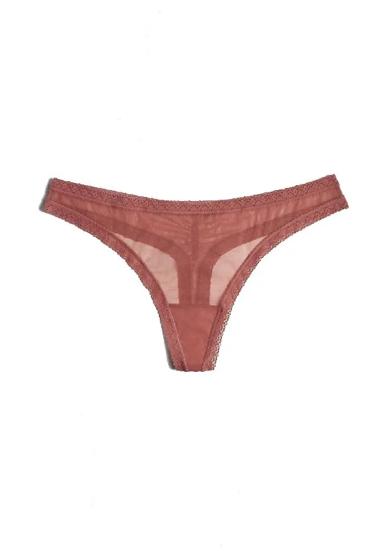 Mesh Lace Trim Thong Panty In Nutmeg