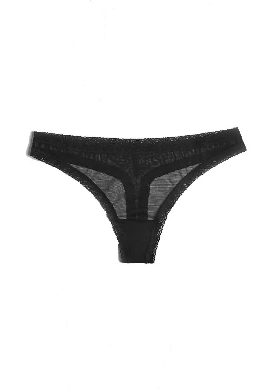 Women's Mesh Lace Trim Thong Panty In Black