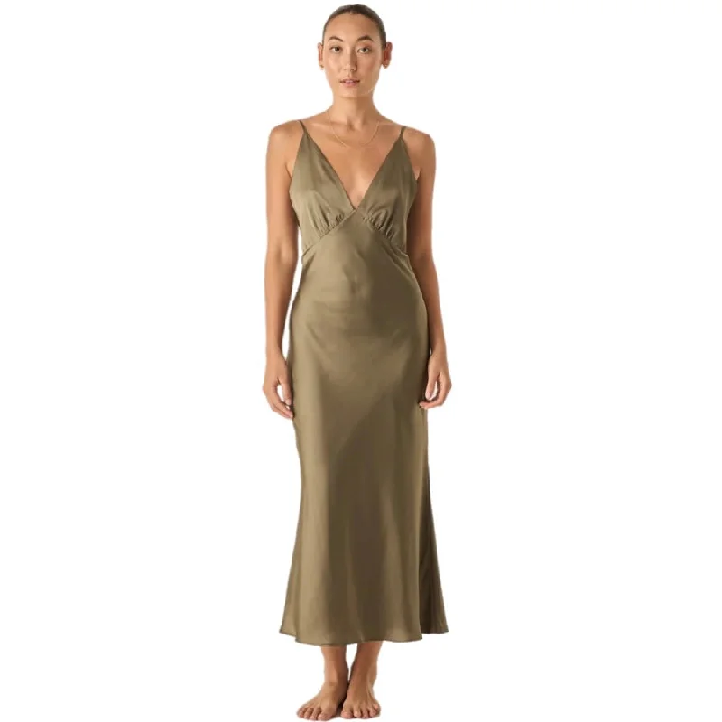 Gingerlilly Fern Olive Silky Satin Long Chemise