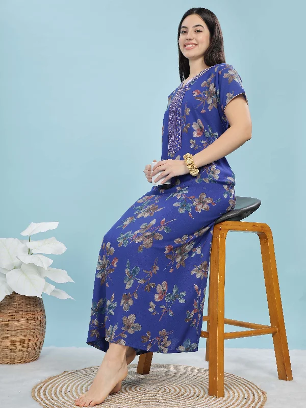 Cobalt Blue Floral Print Rayon Maxi Nighty - Comfort Meets Style