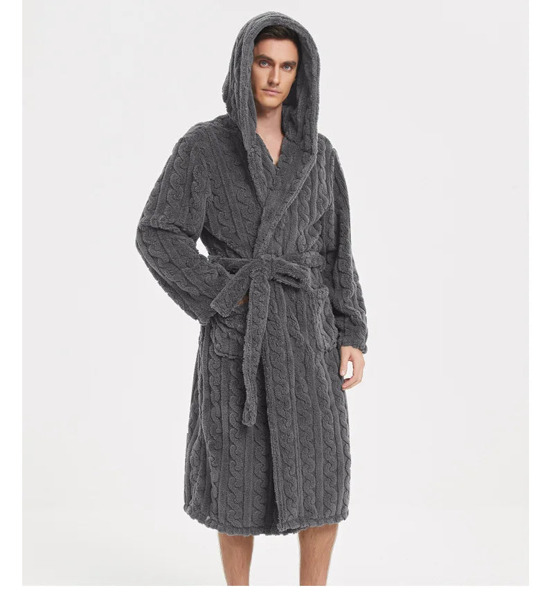 Jacquard Flannel Men Robe Plush Coral Fleece Hooded Bathrobe Gown Winter Lounge Wear Home Wear Nightwear