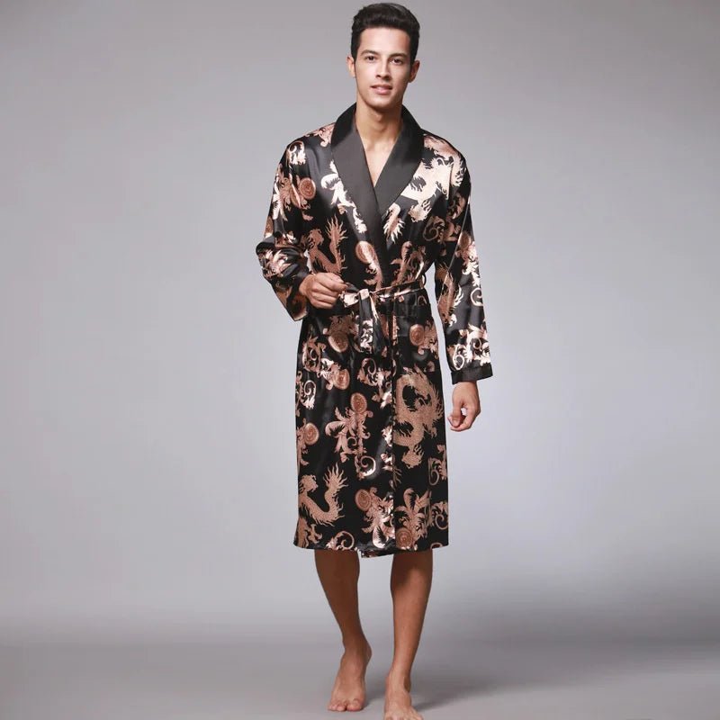 Men Summer Autumn Kimono Bath Robe Silk Satin Golden Dragon Long Bathrobe Dressing Gown Knee Length Black Sleepwear