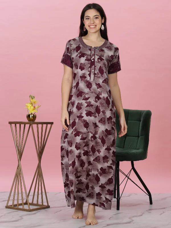 Wine Alpine Nighty - Luxurious Comfort with Embroidery and Pocket